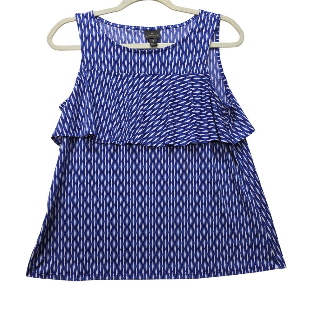 Worthington Blue White Geometric Ruffle Sleeveless Blouse Top Medium